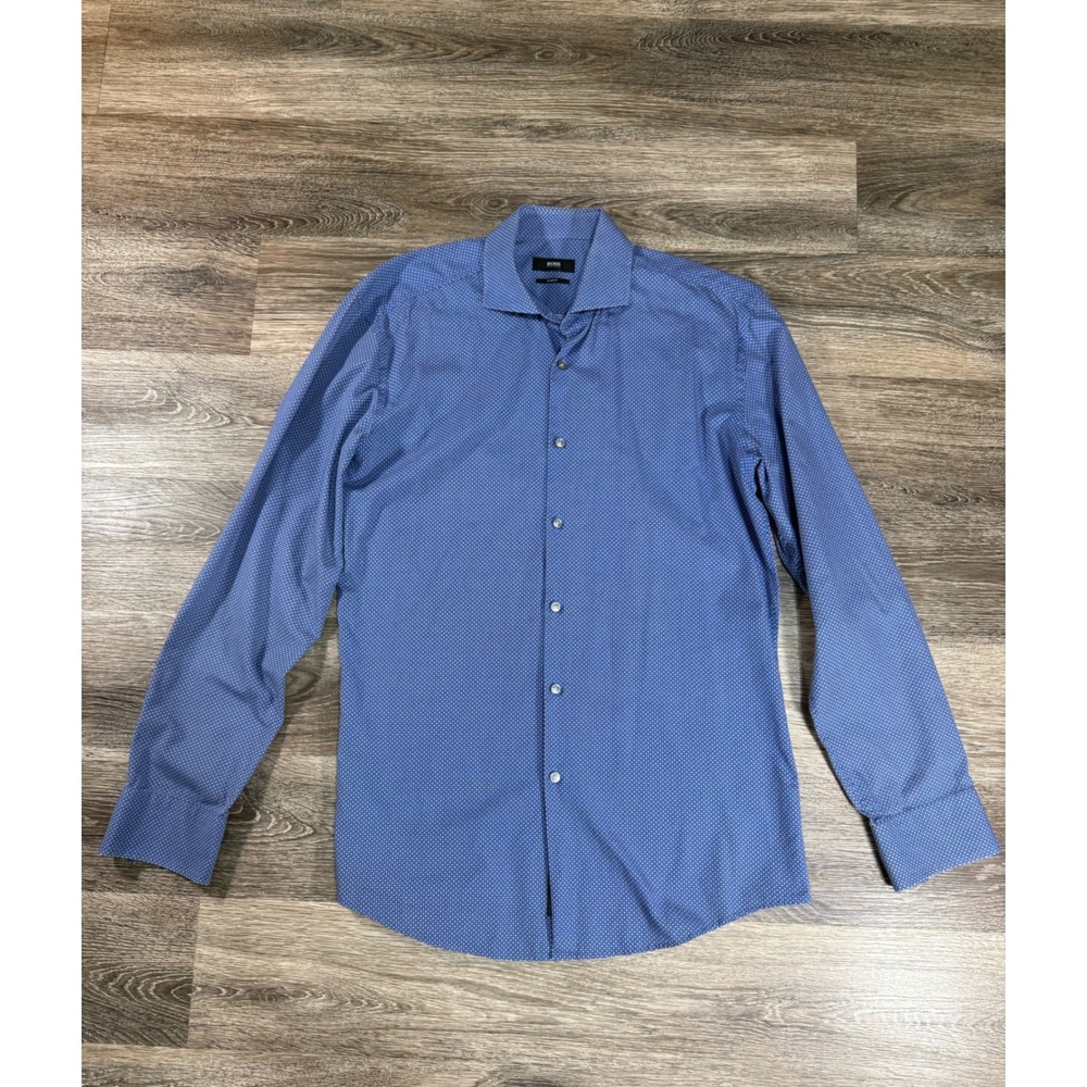Hugo Boss Slim‎ Fit Blue Geometric Italian Fabric Dress Shirt Mens 16 Tailored
